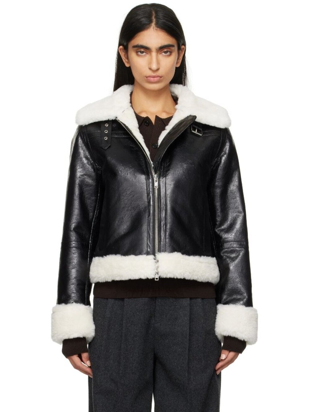 Stand Studio Lorelle Faux-Shearling Jacket Black/Off White Size 42 NWT